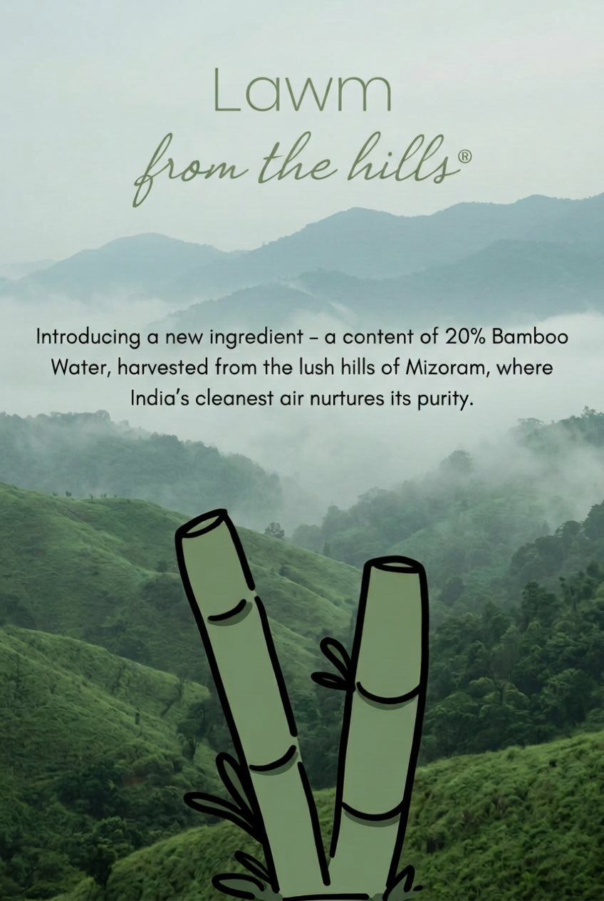 Promotional graphic for 'Lawm from the hills' with bamboo illustration and text about bamboo water.