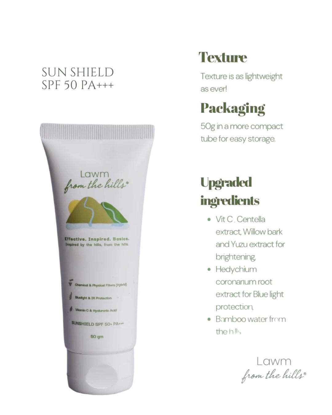 Sun shield SPF 50 PA+++ packaging with text on a white background