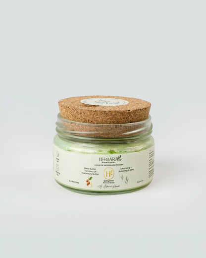 Jar of bath salts with a cork lid on a white background